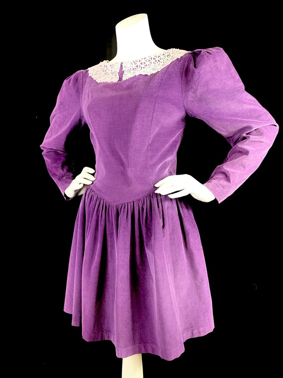 1980s LAURA ASHLEY Purple Cord Dress with Puffed S