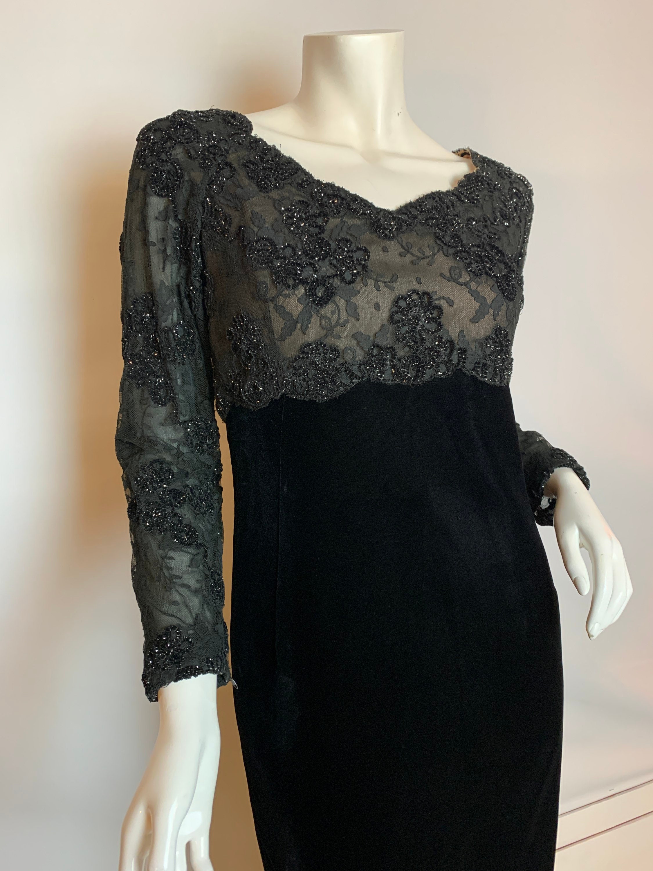 Image of Early S Black Velvet & Lace Evening Gown Vintage S Maxi Dress S Glam