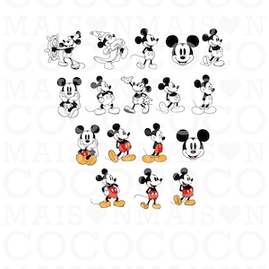May include: A collection of black and white Mickey Mouse illustrations in various poses. Some illustrations feature Mickey in his classic outfit, while others show him in different outfits and expressions. The image has a white background.