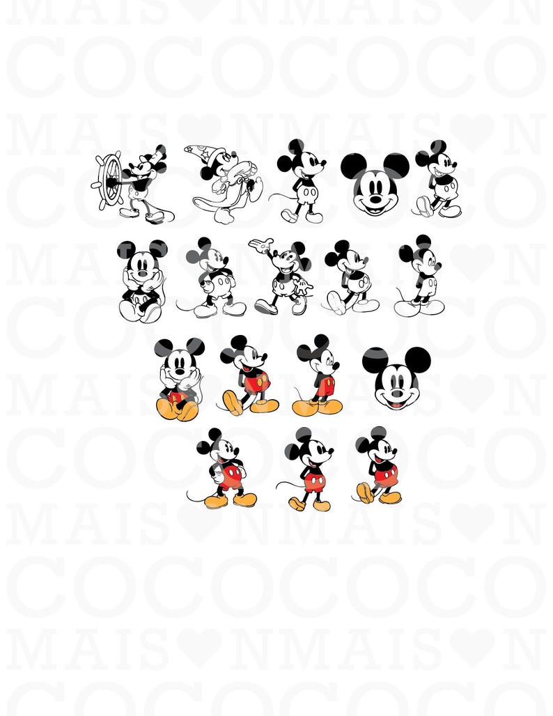 May include: A collection of black and white Mickey Mouse illustrations in various poses. Some illustrations feature Mickey in his classic outfit, while others show him in different outfits and expressions. The image has a white background.