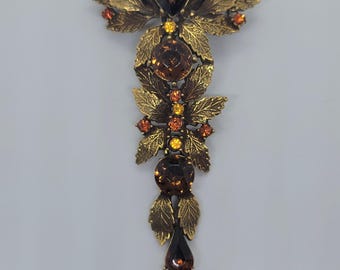 Vintage Dangling Brooch Signed COROCRAFT Antique Gold Tone Amber Rhinestones