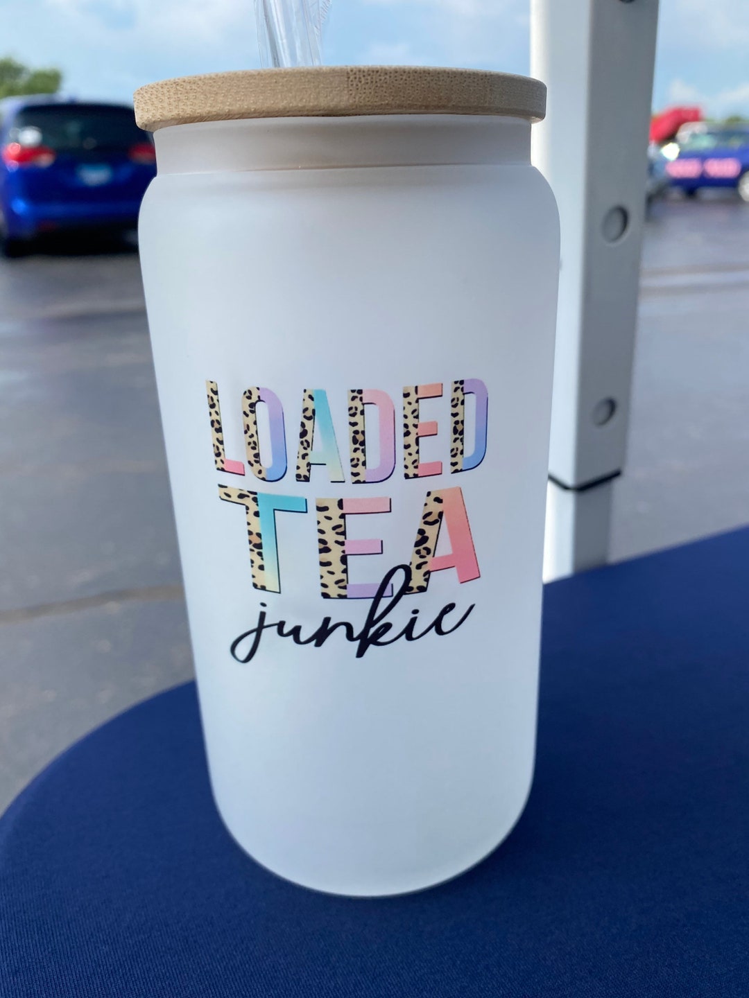 Loaded Tea Junkie With Cheetah Print, Frosted Beer Can Glass With