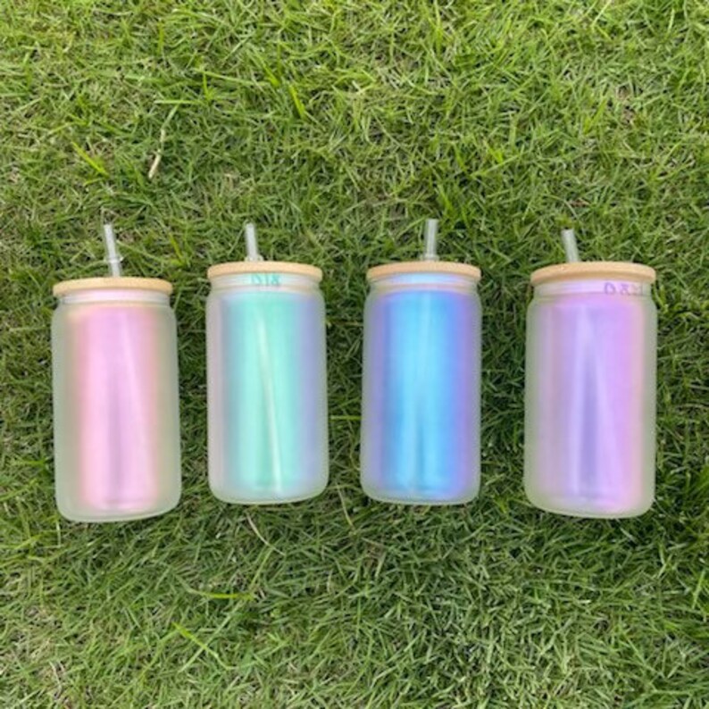12 Pack 16oz Sublimation Iridescent Glass Tumblers With Bamboo Etsy