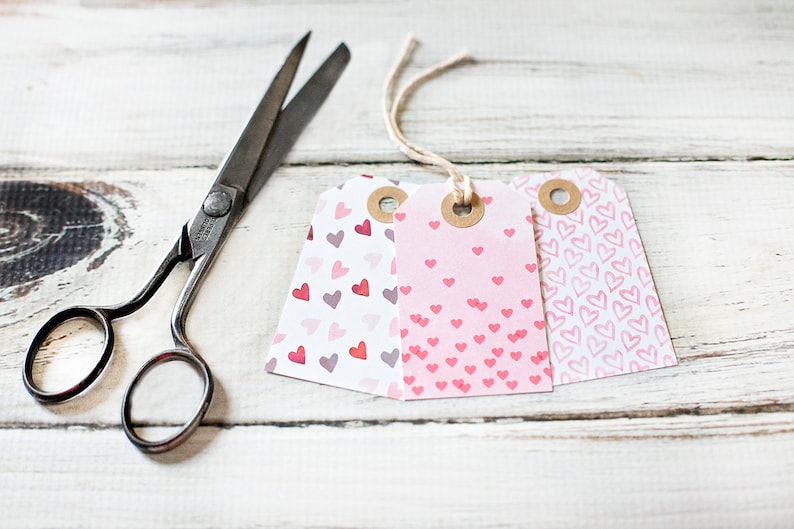 paper goods be mine tags red tags pink gift tags valentines day watercolor packaging hearts Set of 9 heart tags