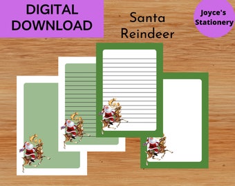 May include: Printable stationery featuring Santa Claus riding a reindeer. The design is on a green background with white lines. The text "Santa Reindeer" is at the top of the page. The text "Joyce's Stationery" is in a purple circle at the top right corner of the page.