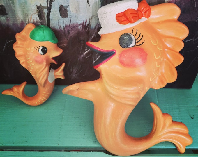 Vintage Ceramic Fish Wall Plaques Peachorange Handpainted Etsy