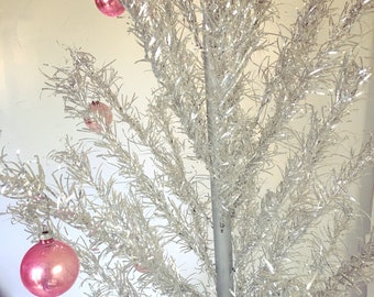 Vintage Aluminum Christmas Tree 6' Taper Tree with 61 Branches, Poles, Tripod Stand, Original Box