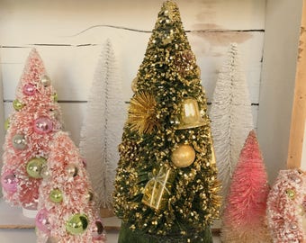 Vintage Bottle Brush Tree Musical Rotating Revolving Green Gold Glitter Ornamented Silent Night Vintage Bottle Brush Tree Musical Rotating Revolving Green Gold Glitter Ornamented Silent Night