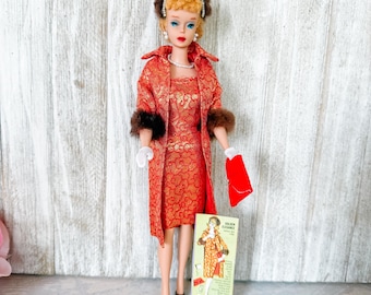 Vintage Barbie 1963 Golden Elegance 992 Near Complete Red Gold Brocade Satin Dress Coat Fur Trim Shoes Hat Gloves Purse Mattel NO DOLL