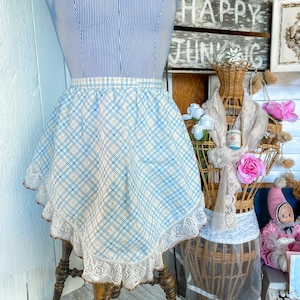 Vintage Cottage Plaid & Lace Apron Blue Half Circle Apron with Elaborate Lace Hem