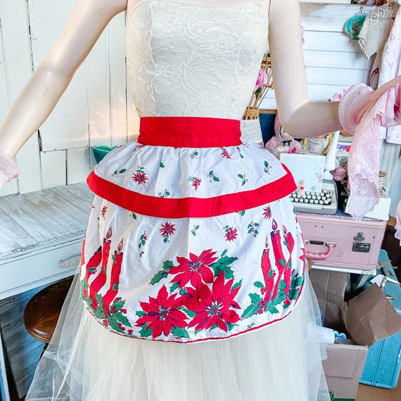 Vintage Christmas Apron Ruffled Double Layer Handmade Half Apron Waist Apron