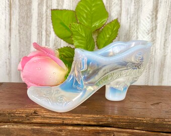 Vintage Fenton or Mosser Opalescent Glass Slipper Boot Shoe Blue White