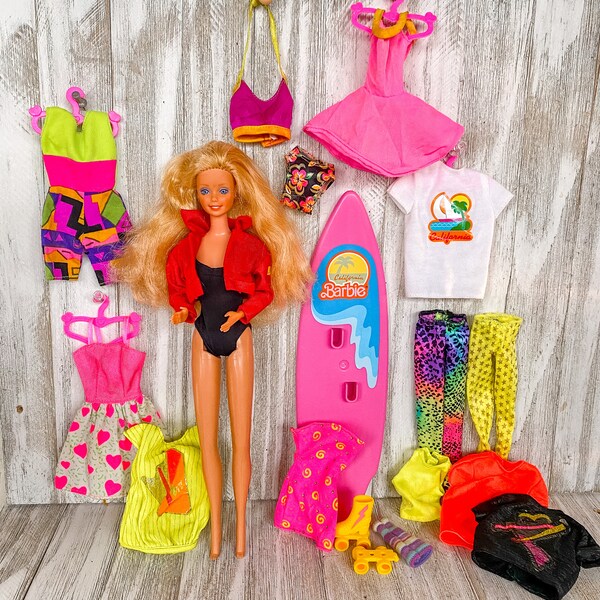 1980s Vintage Barbie Doll Lot California Dream Surfboard Neon 80s Clothing Rockers California Girl Surf N Shop Hot Pink Baywatch