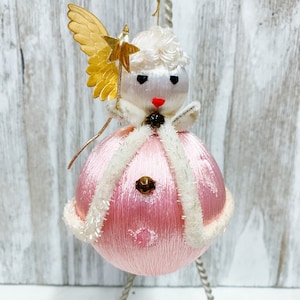 Vintage Pink Angel Ornament Spun Satin with Chenille Trim Gold Wings Star Cotton Spun Hair Japan
