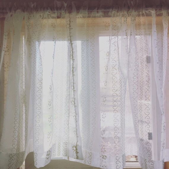 Vintage Curtain Panels 21 Sheer White Floral Cottage Etsy