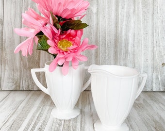 Vintage Milk Glass Sugar & Creamer Open Opaque White Scalloped Footed Minimalist