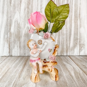 Vintage Ucagco Japan Cherub Cracked Egg Angel Vase Planter Ceramic Porcelain Footed