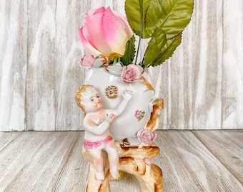 Vintage Ucagco Japan Cherub Cracked Egg Angel Vase Planter Ceramic Porcelain Footed