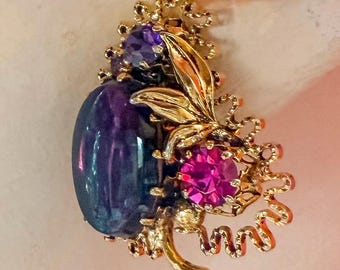Vintage Earrings AUSTRIA Crystal Purple & Pink Cabochons Midcentury Rhinestones Brilliant Sparkle Clip-on