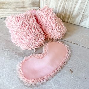 Vintage Pink Slippers Chenille Terry Plush Shaggy House Shoes with Pink Satin Sleep Mask Set NOS
