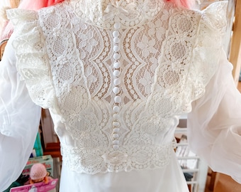 Vintage 60s or 1970’s Prairie Wedding Dress ILGWU Victorian High Neck Long Sleeve Boho White Chiffon & Lace Chapel Train Gunne Style w/ Slip