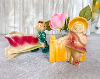 Vintage Shawnee Pottery Set of 2 Pixie Elf Wheelbarrow Planter & Girl at Fence Planter Ceramic Midcentury Kitsch