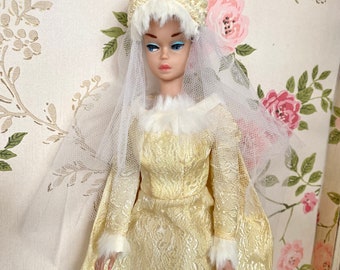 Vintage Barbie 1969 Winter Wedding 1880 Brocade Bridal Gown with Rabbit Fur Trim & Cap Veil NOS Mattel NO DOLL
