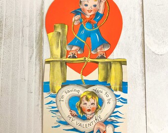 1930’s Vintage Fold Out Valentine's Day Card Die cut Sailor Boy Heart Lifesaver