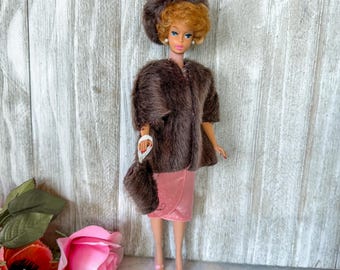 Vintage Barbie Clone 1960s Brown Faux Fur Coat with Hat and Muff Set Fashion Clothes NO DOLL