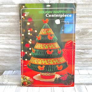 Vintage Honeycomb Christmas Tree Holiday Happiness Fold Out Centerpiece Red Birds Decor Hallmark 1970s
