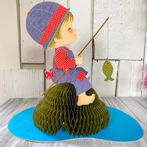 Vintage Sandy Centerpiece Honeycomb Boy Fishing Fold Out Decor Hallmark
