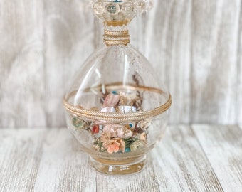 Vintage Easter Diorama Glass Bottle Pink Bunny Gold Sparkle Floral Display