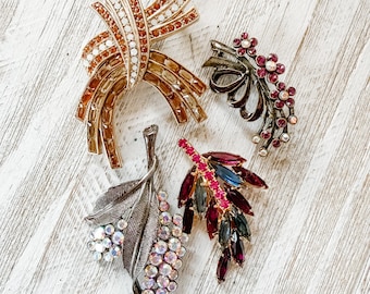 Vintage Jewelry Brooch Lot of Eight Aurora Borealis Rhinestones Moonstones Gathered Ribbon Floral Sparkly MidCentury Coro