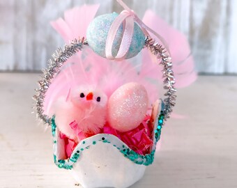 Vintage Easter Miniature Egg Crate Easter Basket Pink Chick Eggs Glitter Handmade