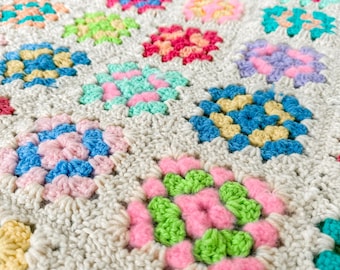Vintage Granny Square Crochet Afghan Throw Classic Crocheted Blanket Cottagecore Shabby Multicolor Cheerful
