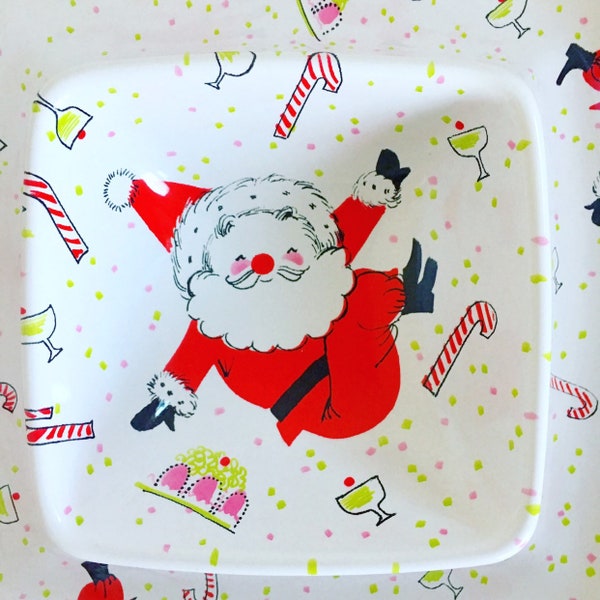 Vintage Dancing Santa Claus Melamine Snack Tray Pink Candy Canes Whimsical Chip Dip Christmas Table Decor