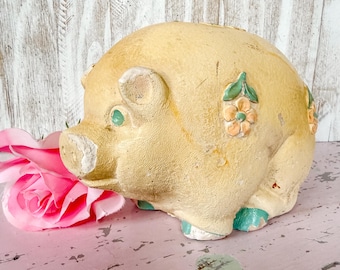 Vintage 1940’s Carnival Chalkware Piggy Bank Unique Floral Pig Pastel Yellow Pink Mint Shabby Cottagecore