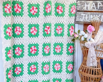 Vintage Pink Granny Square Afghan Throw Classic Crocheted Blanket White Green Pink