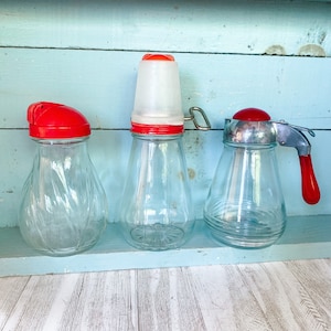 Vintage Set of 3 Syrup & Sugar Dispensers Nut Grinder Red Lid Retro Kitchen Diner