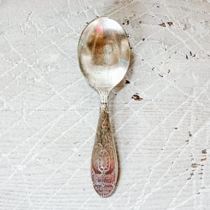 Può includere: Un cucchiaio in metallo color argento con una coppa ovale e un manico decorativo. Il manico presenta intricati motivi in rilievo e il testo 'BIRTH RECORD OF' alla base, con una cornice ovale centrale per un'incisione personalizzata.