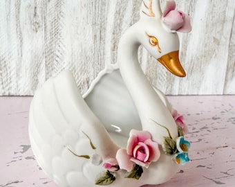 Vintage Swan Porcelain Bisque Planter Trinket Dish Kelvin Fine China Midcentury Pink Gold Florals Japan