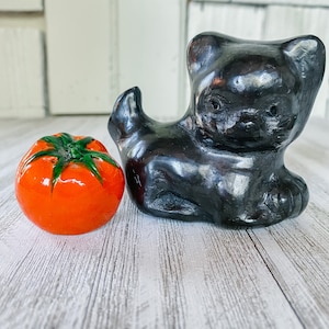 Vintage Black Clay Pottery Oaxaca Black Cat Mexican Folk Art Flower Frog with Bonus Ceramic Pumpkin Halloween Decor