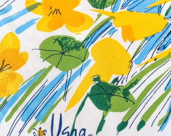Vintage Vera Neumann Floral Twin Flat Sheet Yellow Blue Green Mod Burlington Percale