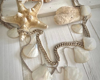 Vintage Necklace Mother of Pearl Shell Necklace Three Strand White Silver Iridescent