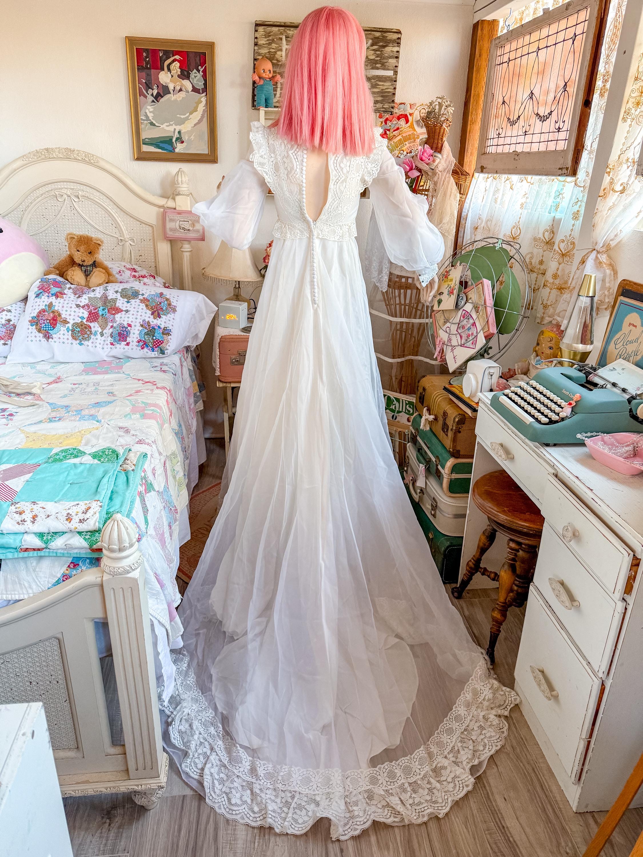 Vintage 60s or 1970's Prairie Wedding Dress ILGWU Victorian High