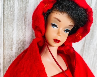 1961 Vintage Barbie Doll No 850 Early Bubble Cut Raven Brunette Mattel with Black Label Clothes Original Swimsuit Red Sheath Red Riding Hood