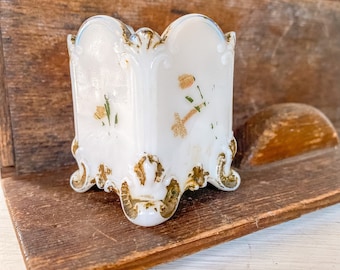 Antique Victorian Era Milk Glass Toothpick or Pen Holder Footed Gold Gilt Hand Painted
