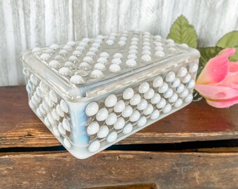 Vintage Fenton Moonstone Opalescent Hobnail Glass Cigarette Box With Lid Trinket Box