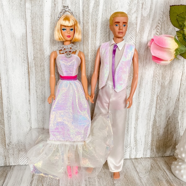 Vintage 1983 Crystal Barbie Dress 4598 and Crystal Ken 4898 Tux White Pink Iridescent Sparkly NO DOLL