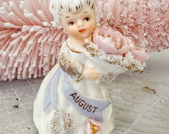 Vintage Lefton Flower of the Month 632 Series August Birthday Girl 1960's Figurine Spaghetti Ceramic Japan